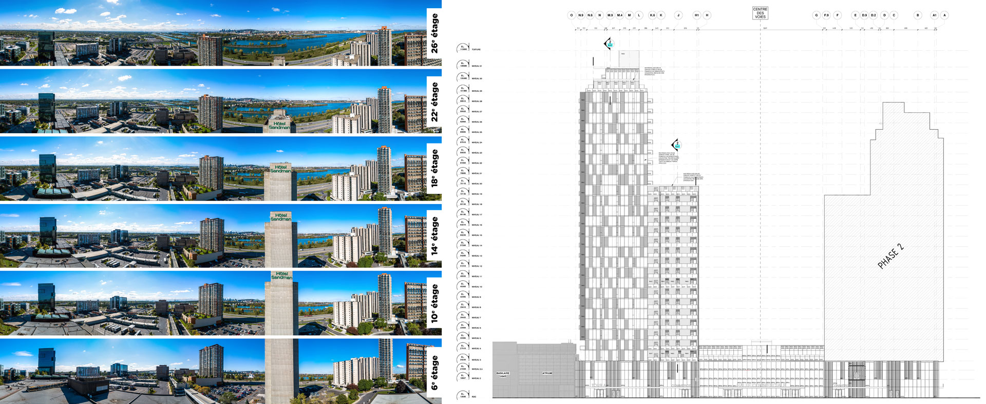 Panoramiques d'élévations à chaque étage en fonction des plans d'implantation du constructeur
